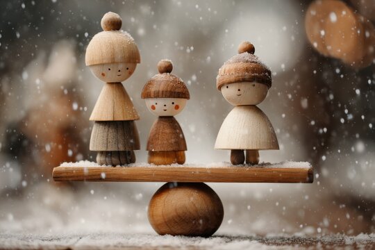Wooden dolls balancing while snow gently falls, Christmas harmony metaphor
