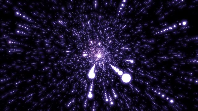 Abstract Purple Light Particles Radiating From A Central Point On A Black Background, Creating A High-speed Motion Effect Like A Cosmic Starfield Or Digital Data Stream, Featuring Glowing Violet Dots.