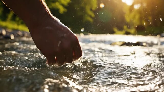 Hand skimming flowing river water in sequence. Outdoor nature interaction creating splashes and ripples. Serene riparian scene under warm sunlight with green foliage backdrop.