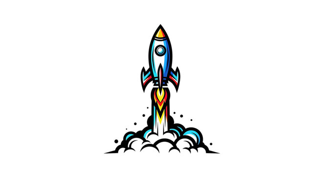 Retro style cartoon rocket ship blasting off into the sky with vibrant orange and yellow flames and white smoke plumes against a clean white background symbolizing innovation