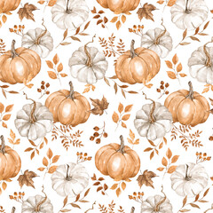 Seamless watercolor pumpkin pattern with autumn leaves, beige and white fall harvest repeat background © Anna Nekotangerine