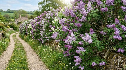 Obraz premium Winding country lane lined with blooming lilac bushes and traditional cottage in the sunny English countryside for idyllic escape concept and peaceful journey