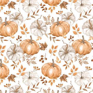 Seamless watercolor pumpkin pattern with autumn leaves, beige and white fall harvest repeat background