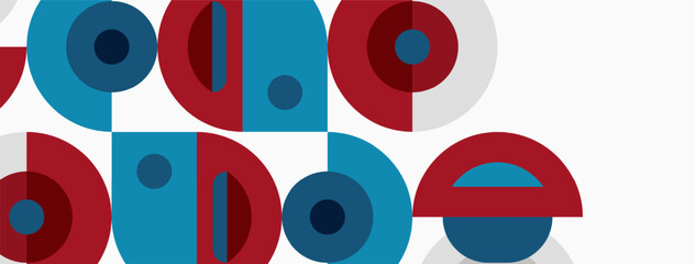 Obraz premium Abstract geometric shapes, circles, red, blue hues dominate composition. Minimalist design, modern aesthetic, clean lines present.
