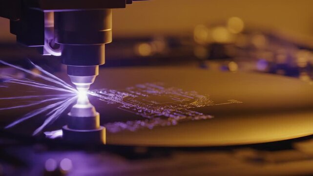 Extreme macro tracking shot of laser engraving process. Beam precisely cutting design into material surface. Industrial customization technique for detailed patterns and text.