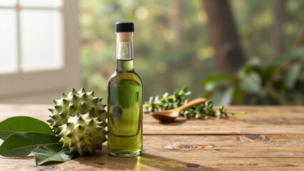 Obraz premium A glass bottle filled with a dark liquid sits on a wooden surface. Soursop fruit slices and green leaves surround it, creating a natural, vibrant composition. The background is softly blurred.