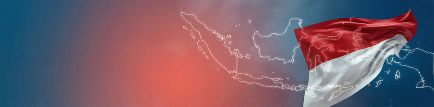Horizontal banner with the waving flag of Indonesia and a neon map outline over a blue and red textured background
