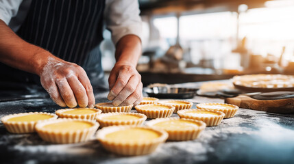 Fototapeta premium Baker hands carefully arranging rows of sweet individual tarts filled with yellow cream, showcasing patisserie skill in a bakery