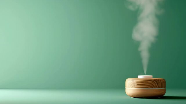 Essential oil diffuser on green background with mist