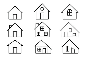 Fototapeta premium Collection of stylized house outline icons with variations in windows, doors, and rooflines representing residential buildings.