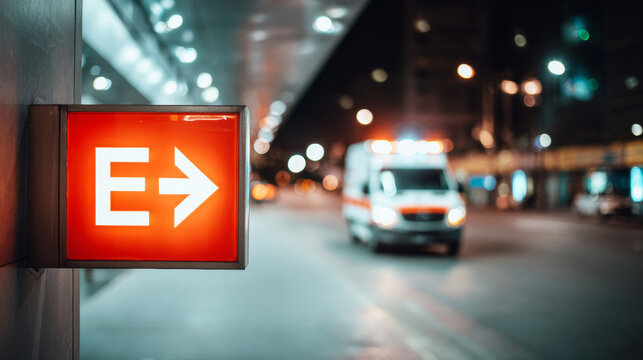 Emergency luminous sign showing an arrow and letter E, indicating direction for an ambulance driving at night