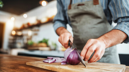 Obraz premium Hands of person in apron slicing red onion on a chopping board with a knife, preparing organic vegetables for cooking