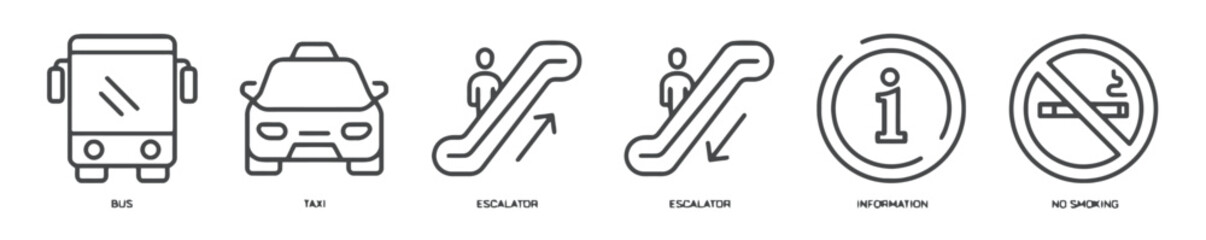 Collection of transportation and public service icons including bus taxi escalator information sign and no smoking symbol for travel and navigation themes © Tabassum