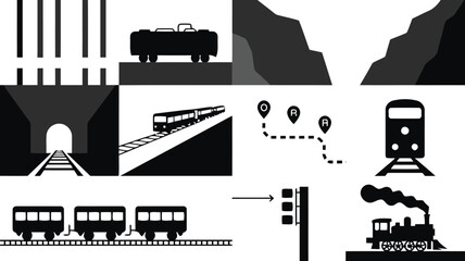 Collection of train and railway related vector graphics showcasing different types of trains tracks tunnels and transport elements for design projects and themes © Tabassum