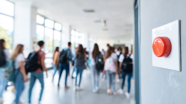 Red alarm button against a gray wall, contrasting with students in a bright school corridor, symbolizing potential danger and alertness