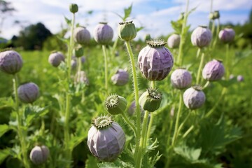 Poppy capsules ripening in a green field, ready for harvest under a blue sky