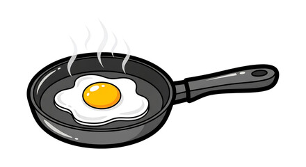 Freshly fried egg cooking in a non stick skillet with steam rising classic breakfast preparation in a kitchen setting simple culinary process visualized isolated on white