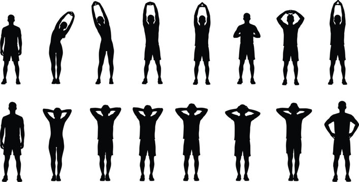 Fitness silhouette set featuring people performing stretching exercises, warm-up routines, and flexibility movements for workout guides and healthy lifestyle promotion.