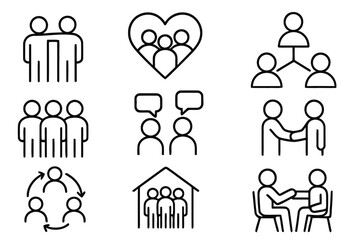 Diverse collection of people and teamwork icons in simple line art style showing social interaction community and business collaboration