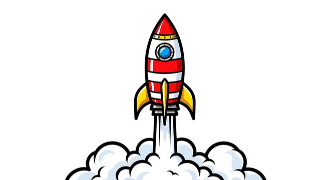 Retro style cartoon rocket blasting off with fiery exhaust and billowing smoke clouds against a clean white background symbolizing space exploration innovation and new beginnings