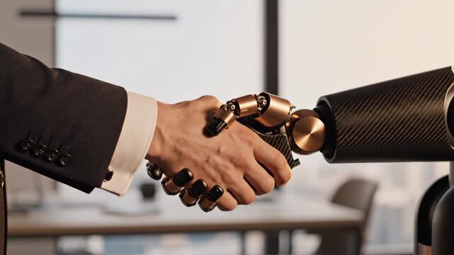 Man in suit extending hand to robot in office. Handshake sequence between human and machine. Symbol of business agreement, technology integration and future collaboration