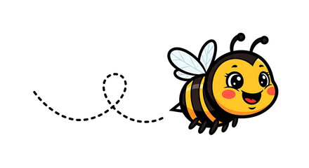 Adorable cartoon bee character a cheerful flying insect with big eyes and a friendly smile leaving a dotted flight path perfect for children's illustrations and educational