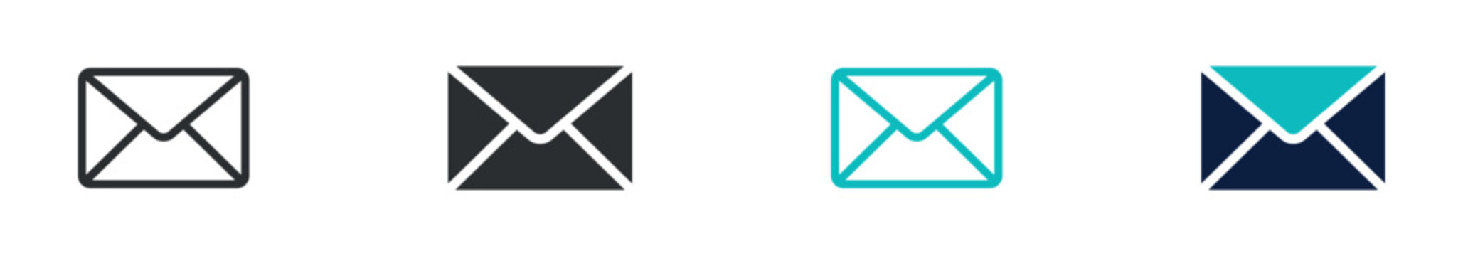 Email envelope icon set, mail message communication letter symbol, outline and solid and color style. Vector illustration.