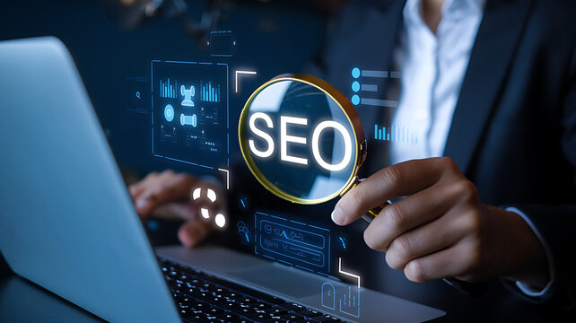 Business analyst using magnifying glass to study search engine optimization indicators on laptop computer with holographic data interface for digital marketing strategy