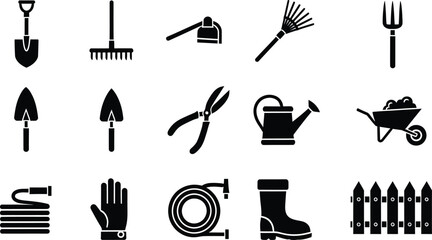 Gardening tools icons set with shovel rake trowel shears watering can fence wheelbarrow © Simu Store
