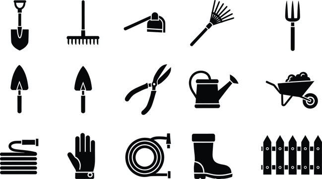 Gardening tools icons set with shovel rake trowel shears watering can fence wheelbarrow