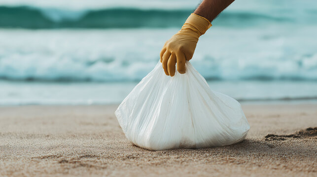 Person collecting plastic waste from sandy beach, hand in glove holding bag of rubbish, focusing on ocean cleanup