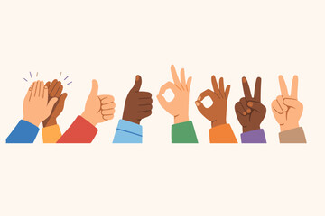 Diverse multicultural hands performing positive gestures including clapping, thumbs up, OK sign, and peace sign. Vector illustration of unity, success, agreement, and teamwork on light background.