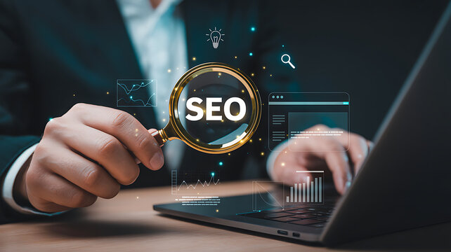 Businessman holding magnifying glass over seo text on laptop screen representing search engine optimization research and website traffic analysis for digital strategy