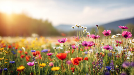 Obraz premium Blooming meadow filled with a variety of vibrant wildflowers and poppies, catching warm golden sunlight at dawn