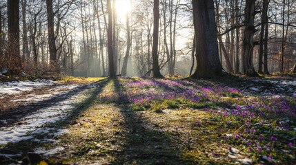 First spring crocuses blooming on a sunlit forest clearing with snow patches and long tree shadows