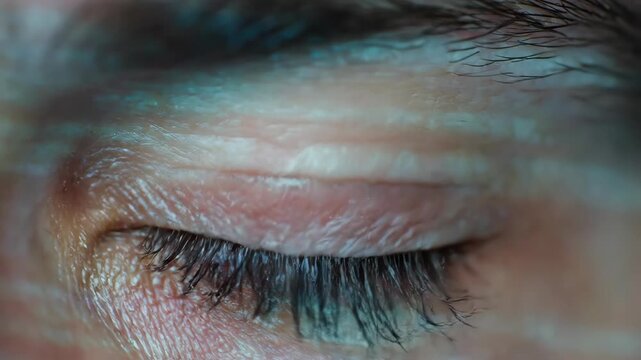 Mans eye reflecting computer code in close-up sequence. Brown iris capturing digital matrix lines. Technology gaze concept showing programming data visualization and cyber reflection.