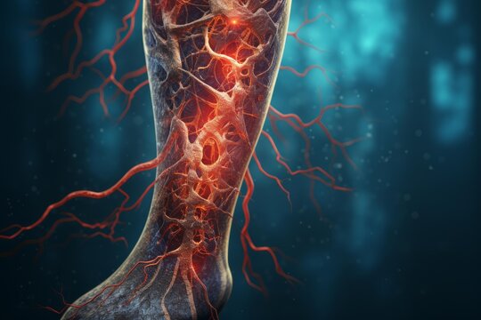Human leg showing inflamed nerves and veins, causing pain or medical condition