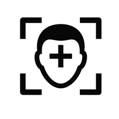 Obraz premium Icon of a human head with a plus sign inside a target frame, symbolizing adding a user or facial recognition.