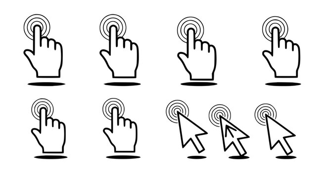 Hands cursor click set with black outline and circular icons featuring hand, mouse, pointer with icon and touch