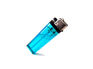Transparent blue disposable lighter with a metallic top and black ignition wheel on white background