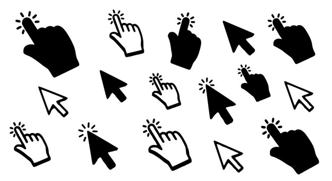 Cursor hand drawn set with black and white arrows and pointers on screen click featuring computer, mouse, pointer with