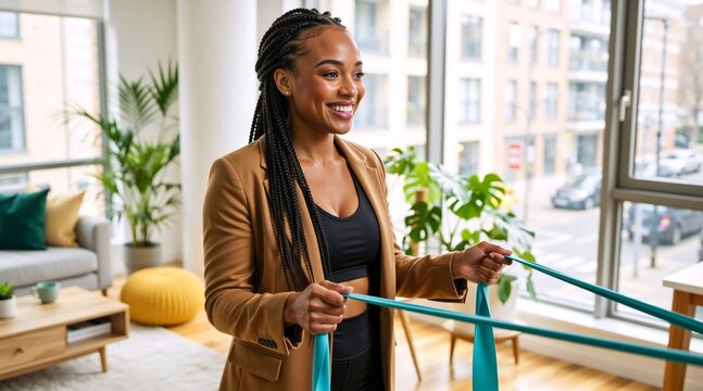 Smiling Black woman exercising with a resistance band in a modern home office. Professional woman in a blazer working out at home. Healthy lifestyle and work life balance concept