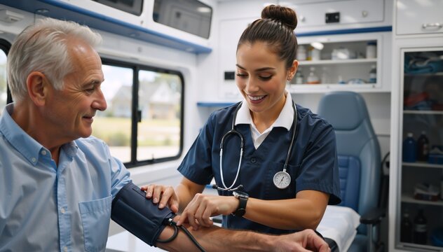 Female paramedic taking blood pressure of a senior man inside an ambulance. Smiling emergency medical technician helping an older patient. Healthcare and rescue service concept