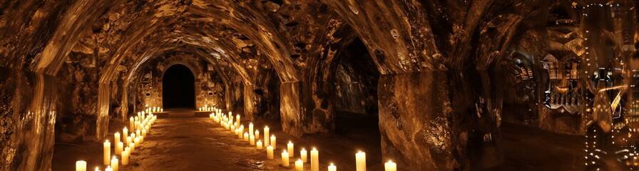 Naklejka premium Underground tunnel lined with lit candles and arched walls