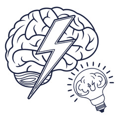 Naklejka premium Conceptual illustration of human brain with lightning bolt symbol and glowing lightbulb representing bright ideas innovation and creative thinking