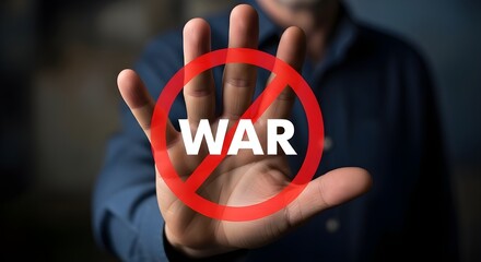 Man holding up hand against war symbol