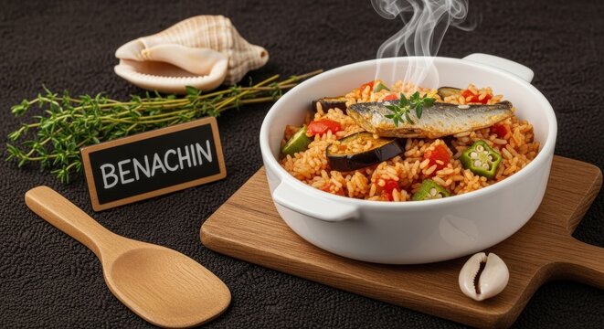 Gourmet West African Benachin: One-Pot Fish and Rice with Heritage Mud-Cloth and Iroko Accents