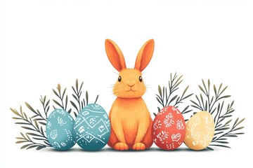 Fototapeta premium Easter Bunny Surrounded by Beautifully Decorated Eggs in a Colorful Spring Celebration Scene