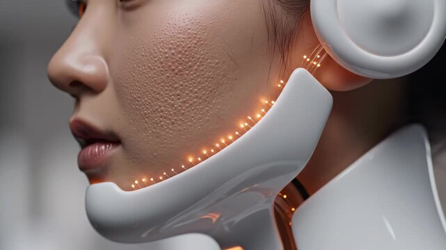 Female android profile portrait with glowing cybernetic enhancements. Woman activating futuristic face mask sequence. Ai robotics and digital technology concept