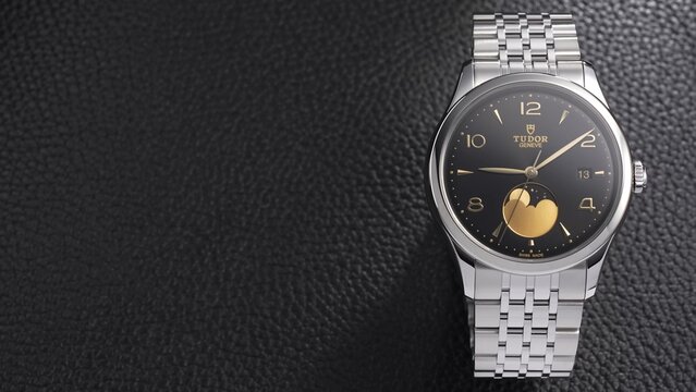 Tudor 1926 Luna, Luxury Swiss Watch. wrist watch on black